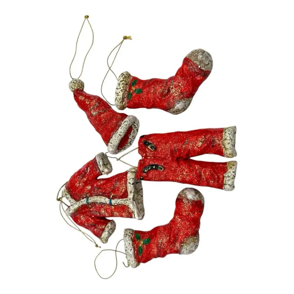 Set of 5 Santa Clothes Christmas Ornaments Red White Resin‎ Light Glitter EUC